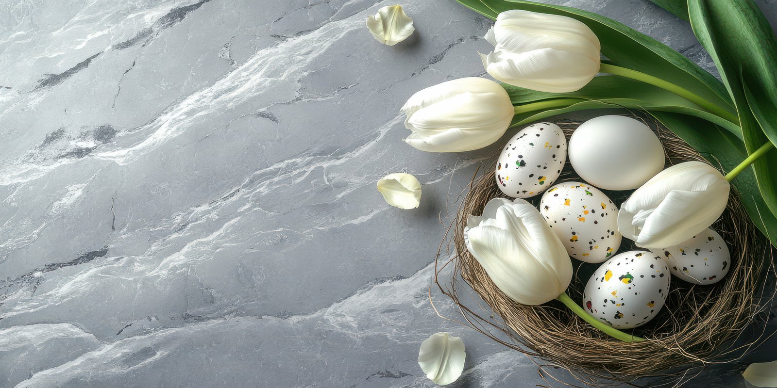Decorated eggs and white tulips arranged in a nest on a marble surface for a spring celebration